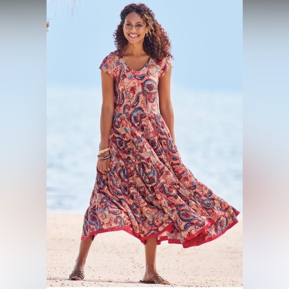Soft Surroundings maxi dress paisley short sleeve tiered fit and flare dress